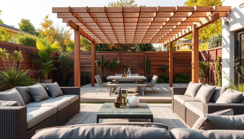 A modern outdoor living space with multifunctional garden furniture. In the foreground, a modular sofa set with plush cushions and a chic coffee table, all made of weatherproof materials like rattan or aluminum. The middle ground features a foldable dining table with integrated benches, perfect for alfresco meals. In the background, a wooden pergola casts a warm, natural light over the scene. The overall atmosphere is one of relaxation and functionality, capturing the essence of a well-designed, space-efficient backyard oasis.