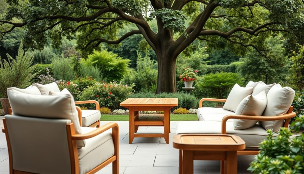 A serene outdoor setting with a collection of comfortable, ergonomic garden furniture. In the foreground, plush cushioned chairs and a matching loveseat in neutral tones invite relaxation. Midground features a sturdy wooden table, perfect for alfresco dining or entertaining. The background showcases a lush, verdant garden with towering trees and blooming flowers, creating a tranquil, inviting atmosphere. Soft, diffused natural lighting gently illuminates the scene, highlighting the high-quality craftsmanship and attention to detail of the furniture pieces. The overall composition conveys a sense of comfort, harmony, and an appreciation for the great outdoors.